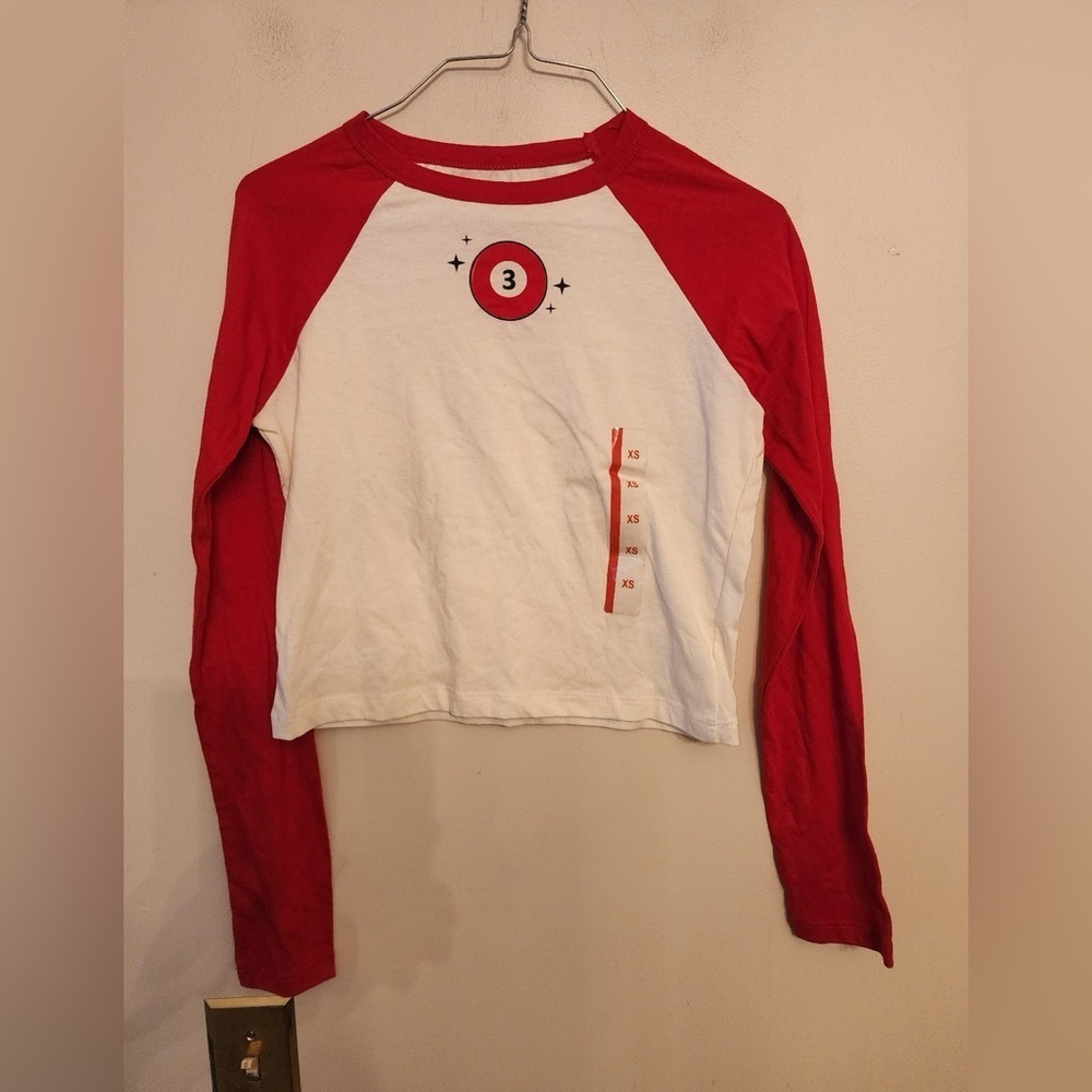 Modern Lux red and white 3 ball long sleeve cropped shirt size womens xs